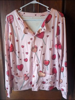 Pink Heart & Lollipop Print Button-Up Shirt Scrubs L